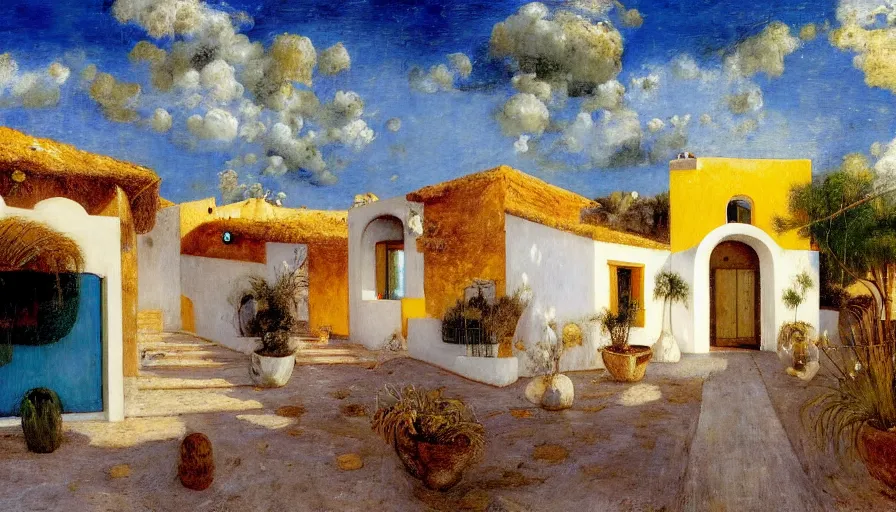 Image similar to a 1 9 9 8 southern spain house!!! costa blanca, designed by bispo do rosario, arnold bocklin, jules bastien - lepage, tarsila do amaral, arthur and gustave baumann, cheval michael, warm, mediterranean, star, sharp focus, colorful refracted sparkles and lines, soft light, 8 k 4 k