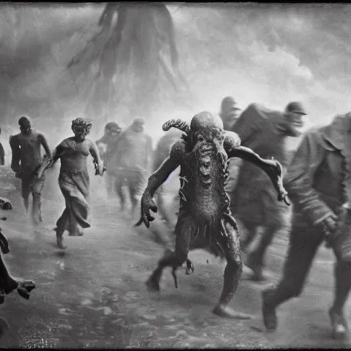 Prompt: Cthulhu attacking village, people running in panic, photo 1920