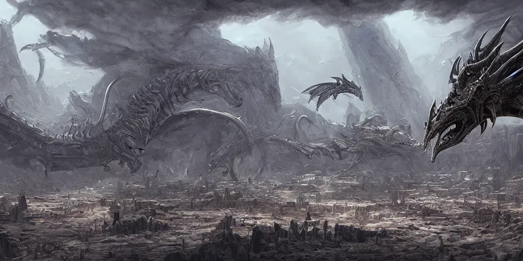 Image similar to one giger wyvern attacking desert city, in style of federico pelat and greg rutkowski