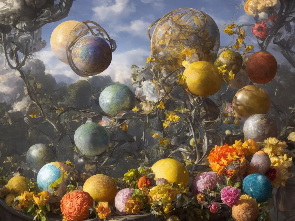 Image similar to 3 d render, sunlight study, the universe is a spheroid region 7 0 5 meters in diameter, art nouveau, by jan davidz de heem and ( ( ( ( ( lisa frank ) ) ) ) ), 8 k, sharp focus, octane render