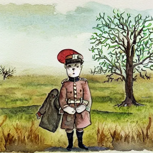 Prompt: a watercolour painting of a rabbit dressed as a ww1 soldier, standing in a muddy field with dead trees in the background