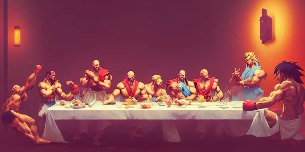 Image similar to street fighter last supper by beeple and greg rutkowski, digital painting, trending on artstation, sharp focus, 4 k