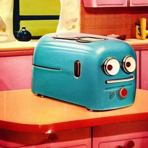 Prompt: a cute brave little toaster from outer space in a dreamy 1950’s kitchen