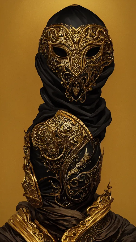 Image similar to black decadent hood, gold intricately detailed ornate metal mask, ornate background, portrait, realism, cinematic lighting, specular lighting, 8 k, artstation, octane render, peter mohrbacher, alfonso mucha, zdzisław beksinski