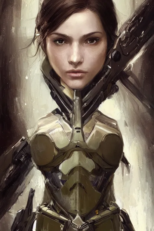 Prompt: a professionally painted portrait of an attractive young woman clothed in military-style battle armor, olive skin, long dark hair, beautiful bone structure, symmetrical facial features, intricate, elegant, heroic, digital painting, concept art, smooth, sharp focus, illustration, finely detailed, from Metal Gear by Ruan Jia and Mandy Jurgens and Artgerm and William-Adolphe Bouguerea, award winning, trending on Artstation