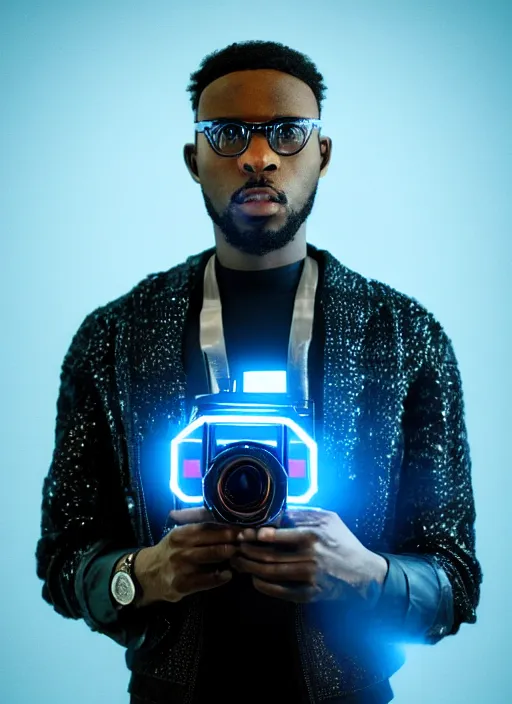 Image similar to a black man with short curly haircut, portrait, wearing black letter jacket, holding a futuristic looking big cinema camera, light blue led's, sharp focus, octane render, hyperrealistic, cinematic lighting, highly detailed, 8 k,