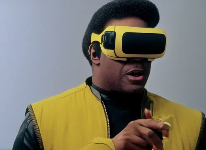 Prompt: geordi la forge wearing a vr headset, action shot, star trek the next generation