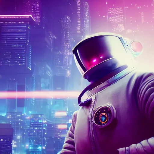 Image similar to professional closeup photo of astronaut from low angle shot with cyberpunk city on background, synthwave, blade runner, hyperrealistic masterpiece, trending on artstation, cgsociety, kodakchrome, golden ratio, cinematic, composition, beautiful lighting, hyper detailed, sharp focus, octane render, 4 k, unreal engine