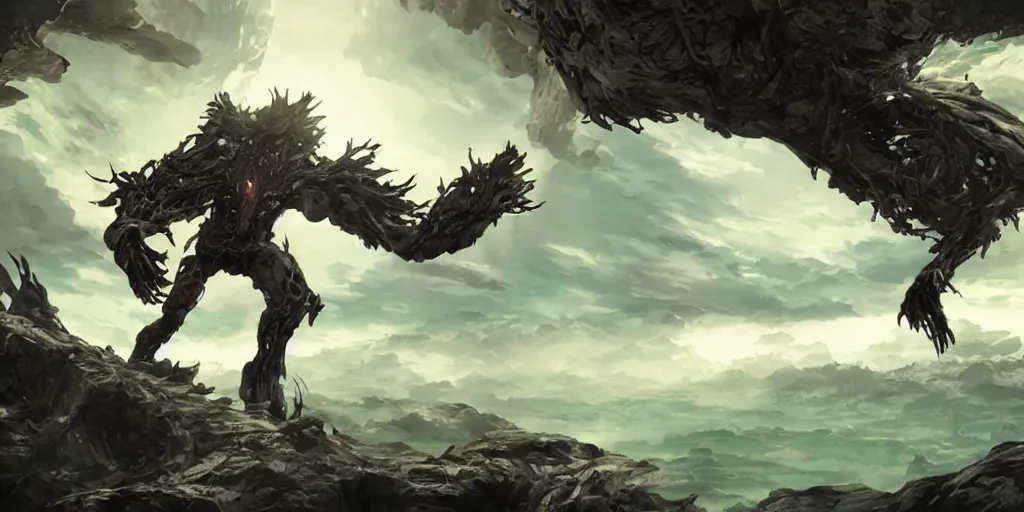 Image similar to sci - fi anime exoskeleton creature fighting the ancient tree god on a vast desert island, cinematic, high fantasy, maximalist, epic