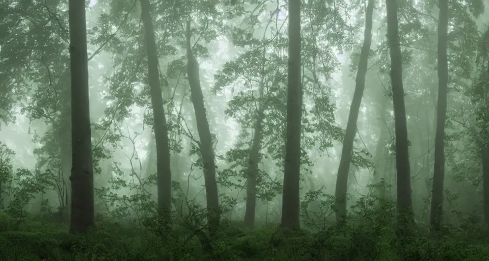 Image similar to a magical forest, thick fog, fireflies flying, big trees, epic lighting, cinematic 4K