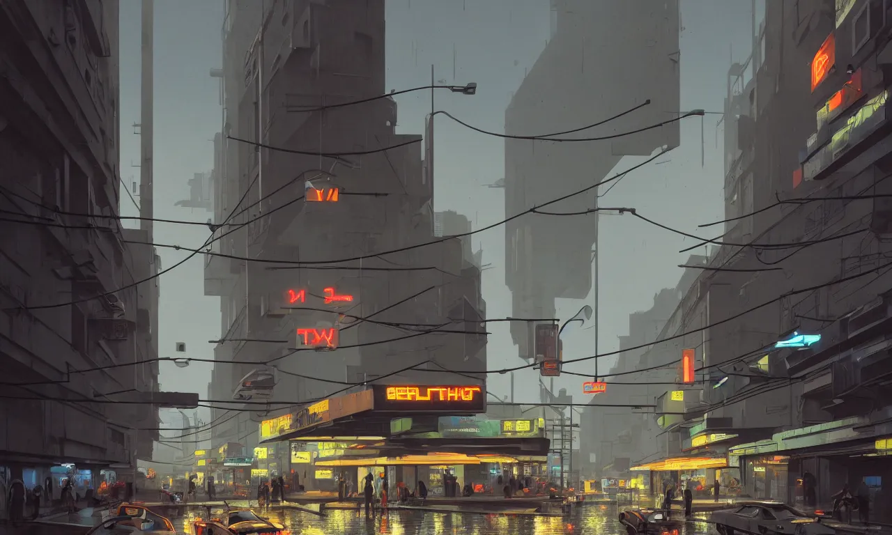 Image similar to photorealistic streetscape, simple brutalist architecture, metal, concrete, wet streets, white neon lights, colorful neon signs, flying vehicles, pedestrians, greg rutkowski, syd mead, ralph mcquarrie, concept art, matte painting, finely detailed, minimal artifacts, rule of thirds, dynamic lighting, cinematic, denoised, centered, artstation