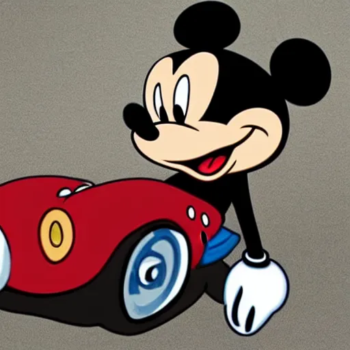 Prompt: mickey mousing stole a car