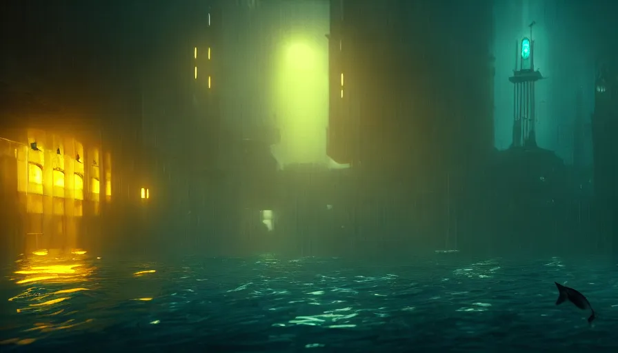 Image similar to a city underwater, landscape shot, small fish swimming around, yellow lights, by jmw turner, cold colors, highly detailed, moody lighting, bioshock style, octane render, 4 k, 8 k, ultrarealistic