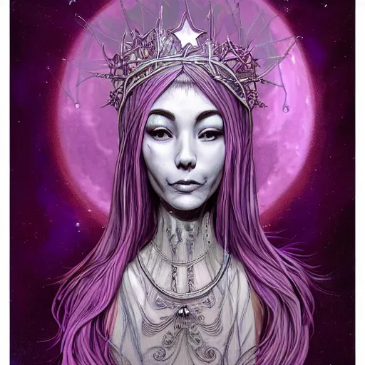 Prompt: portrait of young slim smiling prophetess of the moon, silver filigree armor and tiara, stars above head, purple hair, translucent skin, beautiful! coherent! by brom, by junji ito, strong line, high contrast, muted color
