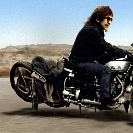 Image similar to john lennon riding a motorcycle in the movie born to be wild, cinematic sureal 3d 8k