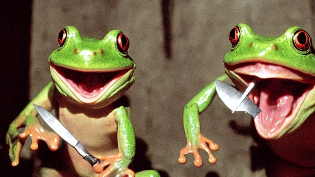 Prompt: a humanoid frog laughing maniacally and holding a knife, by Paul Oz and John Carpenter, movie still directed by Ridley Scott and cinematography by Ari Aster