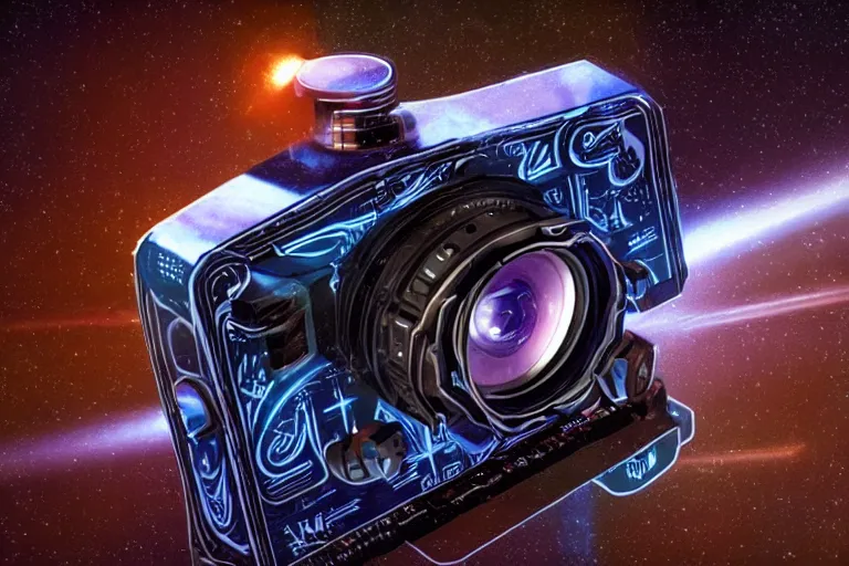 Prompt: a camera that uses artificial intelligence by Greg Hildebrandt, sci-fi, reimagined by industrial light and magic