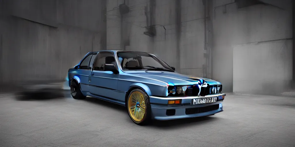 Image similar to a design of a bmw e30, designed by Polestar, blade runner background, iridescent blue car paint, wrapped in gold lead, black windows, dramatic lighting, hyper realistic render, depth of field, 8k, rendered in octane