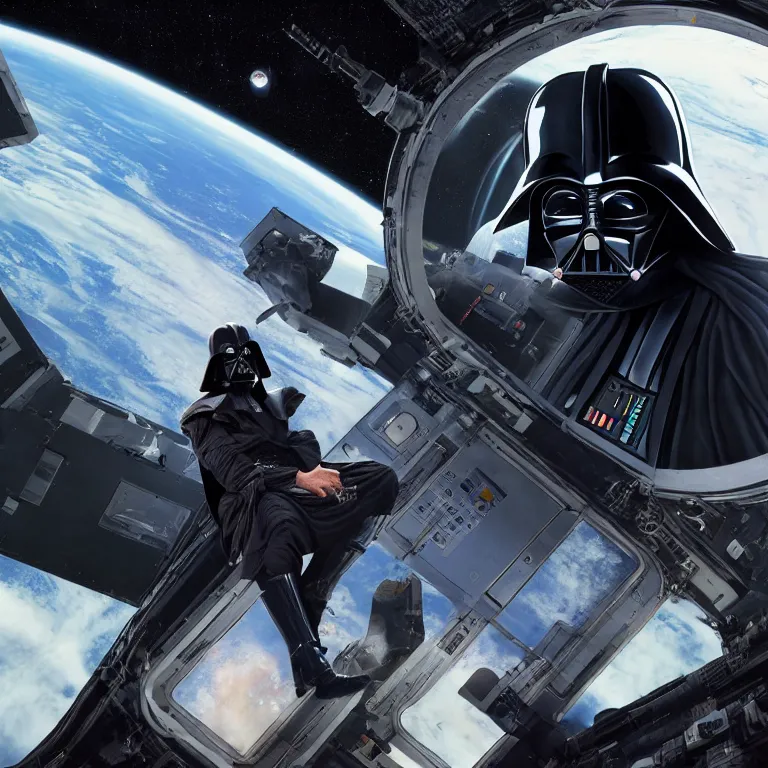 Image similar to photograph of darth vader on board the international space station, hyper realistic, fine detail