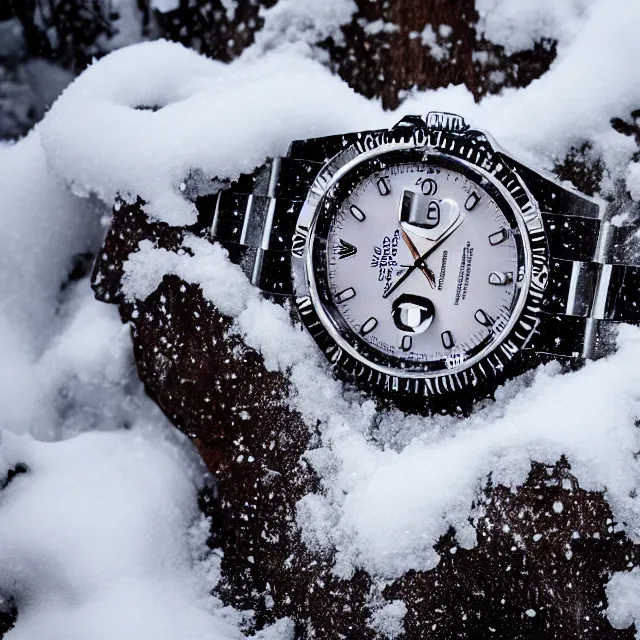 Prompt: a rolex covered in ice, buried in the snow. photo, canon, 8 k hd