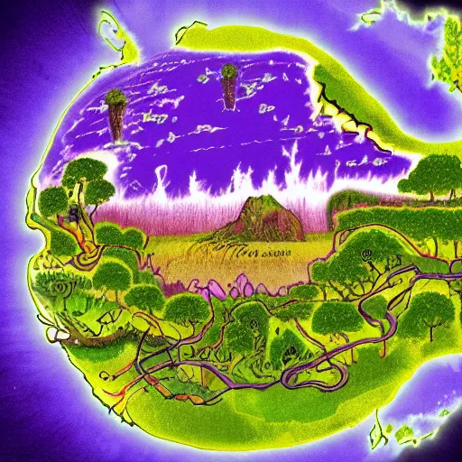 Image similar to a map of a world with trees, large eyes, purple swamps, a nuclear explosion, violet sunrises, and scientific computer components everywhere