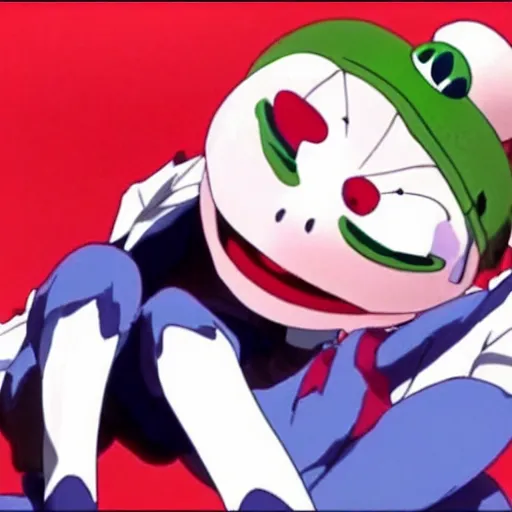 Image similar to Still from the anime movie End of Evangelion, Kermit the Frog from Sesame Street as a giant Rei Ayanami