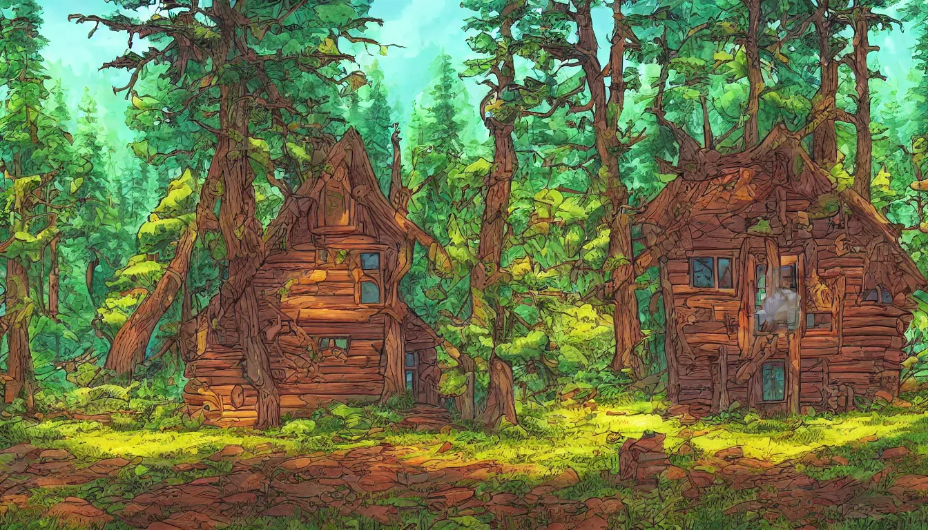 Image similar to a clearing in a forest with a cabin, Disney cartoon, animation, high detail, colorful