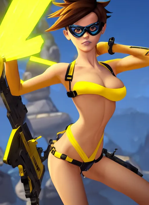 prompthunt: tracer game character, in yellow bikini, blonde hair