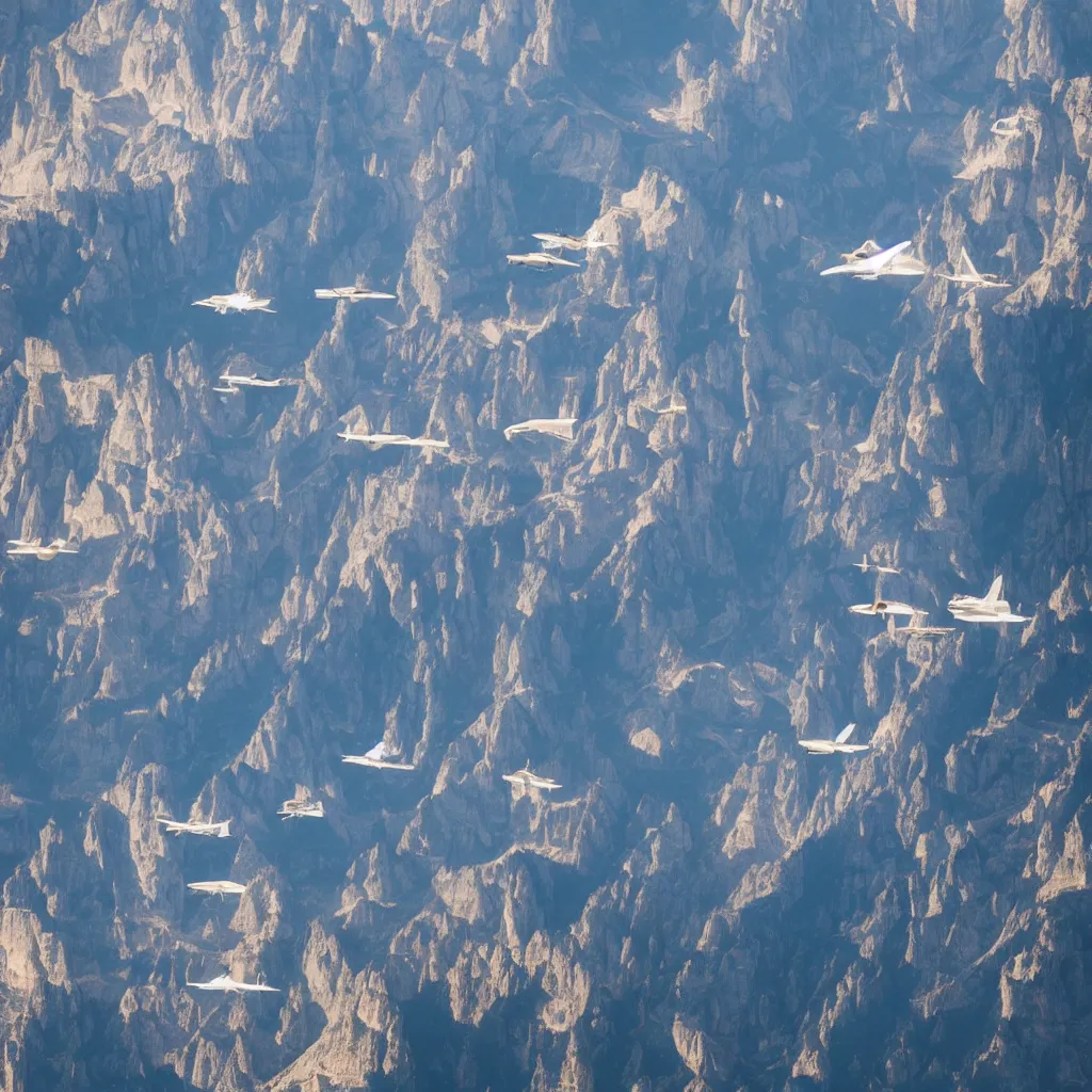 Image similar to sky parade of zeppelins flying over swirling dolomites, birds eye view, casting shadows, light rays