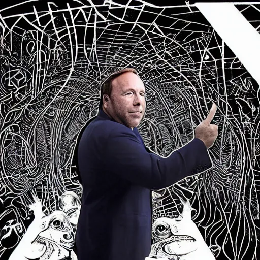 Prompt: Alex Jones stepping through an interdenominational portal to his home planet of frog people