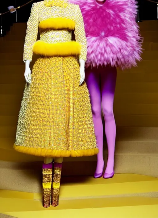 Image similar to Bespoke couture outfit made of yellows, pinks, purple and gold by Vivian Westwood and Marc Jacobs as seen in the movie the Royal Tenenbaums + vintage Chanel in a futuristic vibe