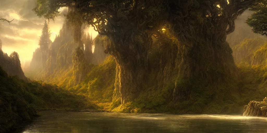 Image similar to Ford of Bruinen, Rivendell, evening, detailed matte painting, cinematic, Alan Lee, Artstation