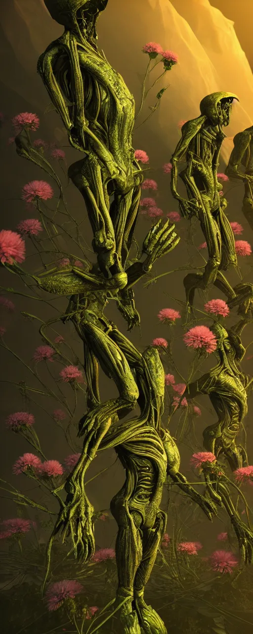 Image similar to visceral exoskeletal formations surrounding of aliens flowers and plants, mythical ancient life, dramatic contrast lighting, surreal, hyper detailed, cycles 3 d render, 8 k