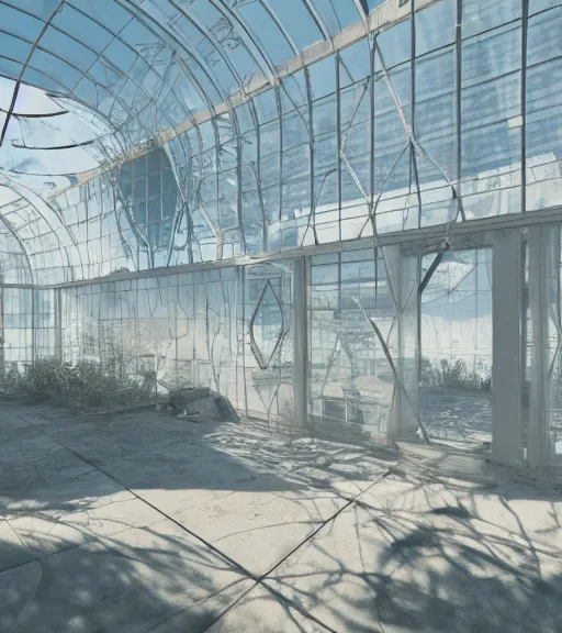 Prompt: cyberpunk forgotten condensed glass structure, architecture of purifycation white lab in the wild, desert white greenhouse, cyber installation, ancient atmosphere, trending on artstation, corona render, award winning, archviz, matte painting, sunrays, ethereal, desert