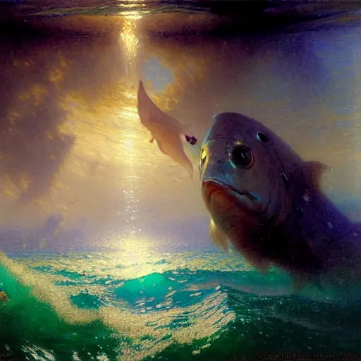 Image similar to point of view of deep in the ocean looking up, you see fishes, higher the milk way, night time, midnight. highly detailed painting by gaston bussiere, greg rutkowski 8 k