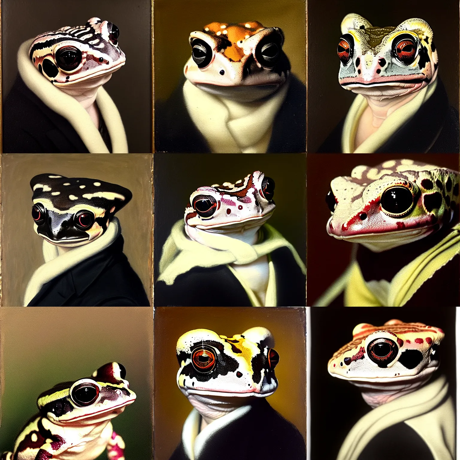 Prompt: a head - and - shoulders portrait of an amazon milk frog looking off camera wearing a closed black buttoned jacket with a white scarf around his neck, an american romanticism painting, a portrait painting, cgsociety, soft focus, oil on canvas