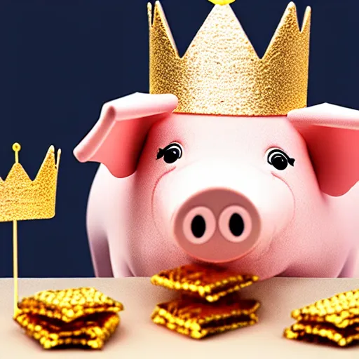 Image similar to photo of puppet pig wearing a gold crown holding snack bags 8k resolution, award winning, realistic, cinematic concept art