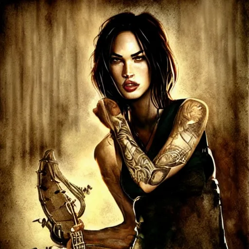 Image similar to Megan Fox on stage playing rock and roll by Bastien Lecouffe-Deharme