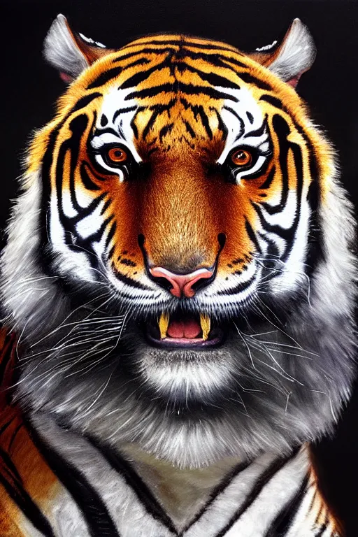 Prompt: an oil painting portrait of a tiger wearing medieval royal robe and an ornate crown on a dark background, digital Art, concept Art, highly detailed, 3-D 4K, trending on art station, Award winning, Mark Brooks