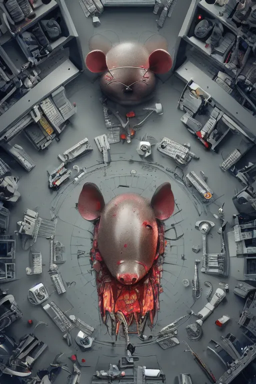 Prompt: top view of many mechanics in lab facility looking at bloody disney mouse head lifted by claw, made by beeple, cgsociety, artgerm, greg rutkowski, highly detailed intricate 4 k art, low light cinematic, octane render, unreal engine, smooth concept art