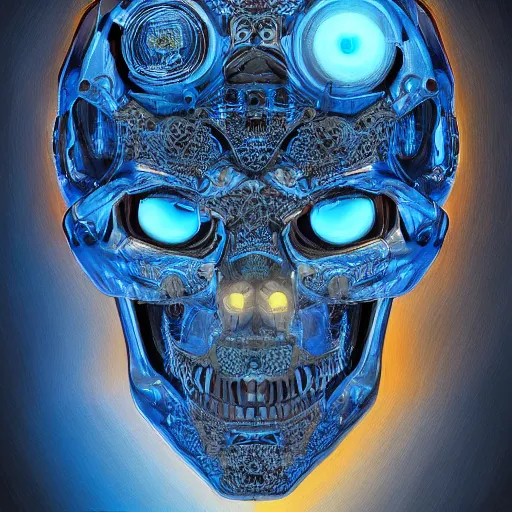 Image similar to hyperdetailed robotic skeleton head with blue human eyes, human eyes, symetry, golden ratio, iconography, intricate, detailed, volumetric lighting, scenery, digital painting, highly detailed, artstation, sharp focus, illustration, artstation, detailed vectorart