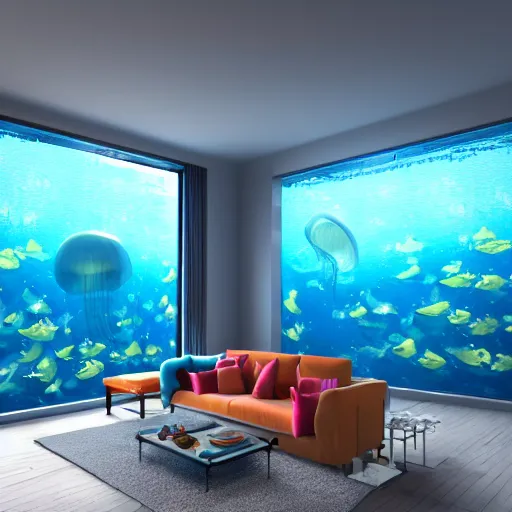 Image similar to the realistic photo of the modern room as aquarium with a chandelier as a big jellyfish, beautiful corals on the walls and sharks in the big panoramic window, under the ocean, realistic colors, realistic shadows, daylight made in blender, hd, 3 d by beeple and damian hirst