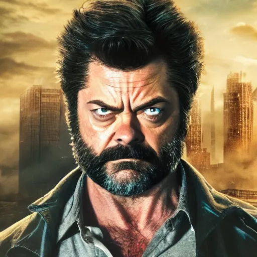 Image similar to logan wolverine pictured as nick offerman, x - men marvel movie still, imdb, detailed, 8 k, poster photosession style, deviantart and artstation top picks