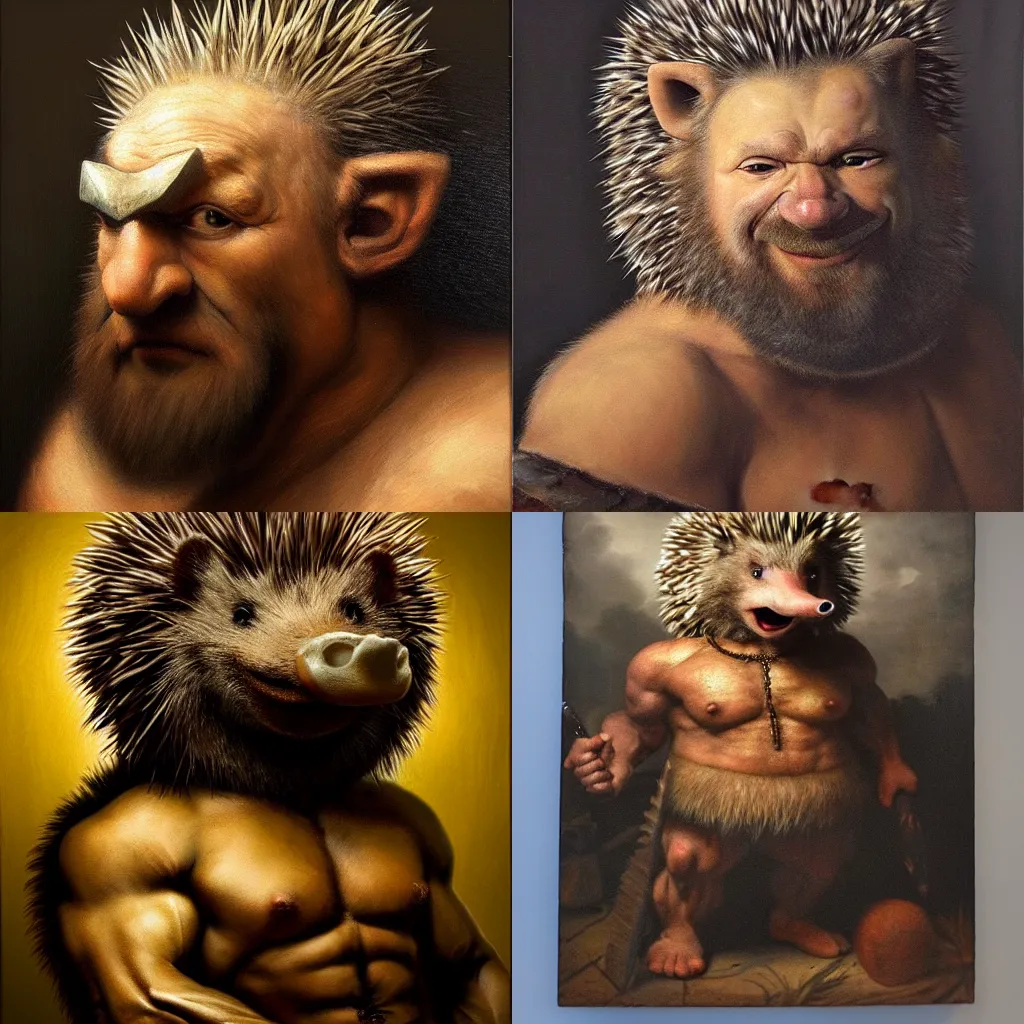 Prompt: subject: muscular barbarian smirking oversized hedgehog anthropomorphic medium shot portrait, style: very detailed heavy textured rembrandt oil painting with dramatic light , very sharp detail