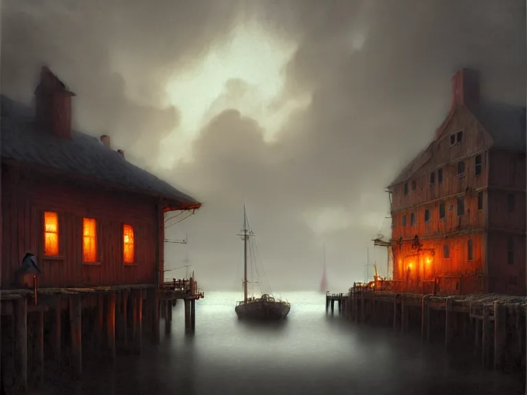 Prompt: a forgotten wharf on a cold sea by rob gonsalves and roberto ferri and julie bell and ruth deckard and hubert robert, crisp details, hyperrealism, high detail, high contrast, low light, grey mist, cobblestones, orange candle flames