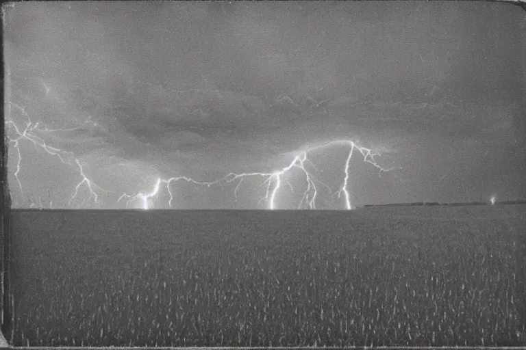 Prompt: dark old polaroid of an lightning strike hitting a corn field during a thunderstorm, pictorialism, desolate