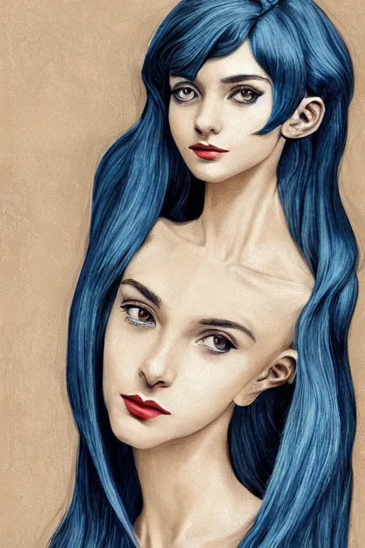 Prompt: Queen of art nouveau , a beautiful young Austrian woman who looks like a mix of Audrey Hepburn and Rei Ayanami from Evangelion portrait , perfect skin, perfect face, gorgeous, symmetrical face, symmetrical body, artgerm, flowing hair, realistic, photorealistic, editorial photograph, portrait, detailed, intricate, focused, muted colors, artstation, border and embellishments inspiried by alphonse mucha