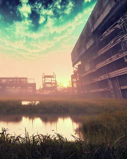 Prompt: a beautiful photorealistic render of urbex urbex industrial architecture by eugene boudin, futuristic otherworldly vaporwave darkacademia alien nature sunset biopunk meadow flowers lake, archdaily, wallpaper, highly detailed, trending on artstation.