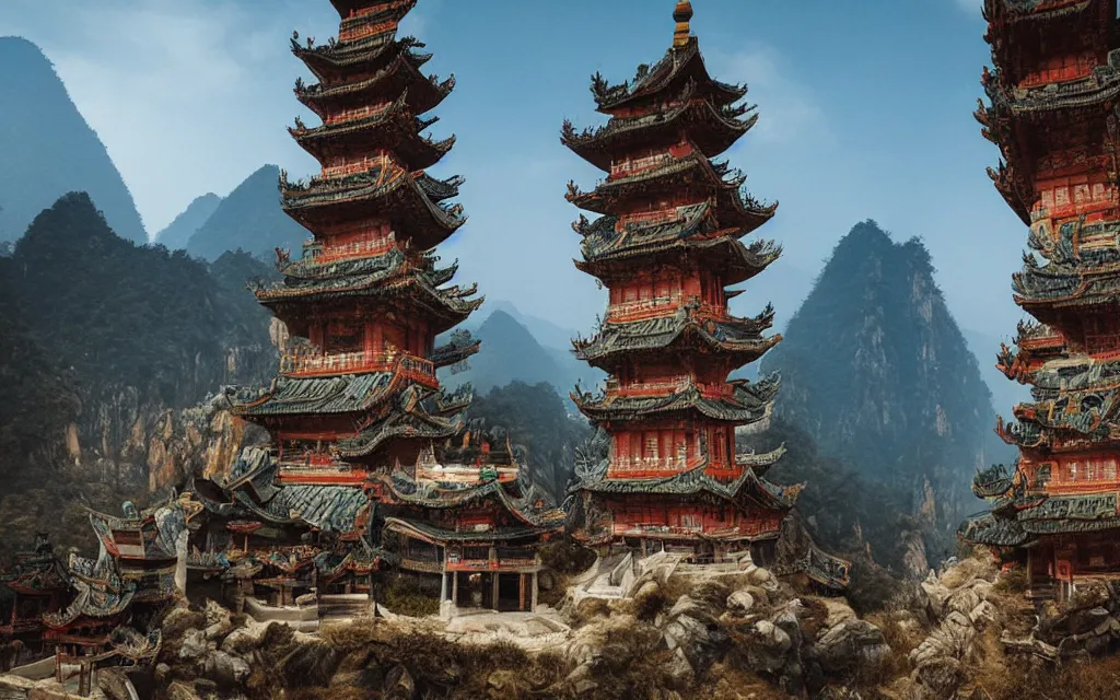 Image similar to twin chinese buddhist pagodas made of stone in a beautiful chinese landscape by anato finnstark, by alena aenami, by john harris, by ross tran, by wlop, by andreas rocha,