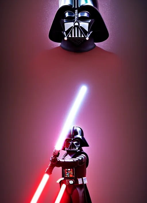 Prompt: kid wearing darth vader costume holding light saber - 3 d vfx art - of the sun, art style by james jean & hsiao - ron cheng, character concept art, unreal engine render, digital illustration, sharp, intricate detail, volumetric light, ray tracing, soft light, symmetric, pinterest, artstation, behance,